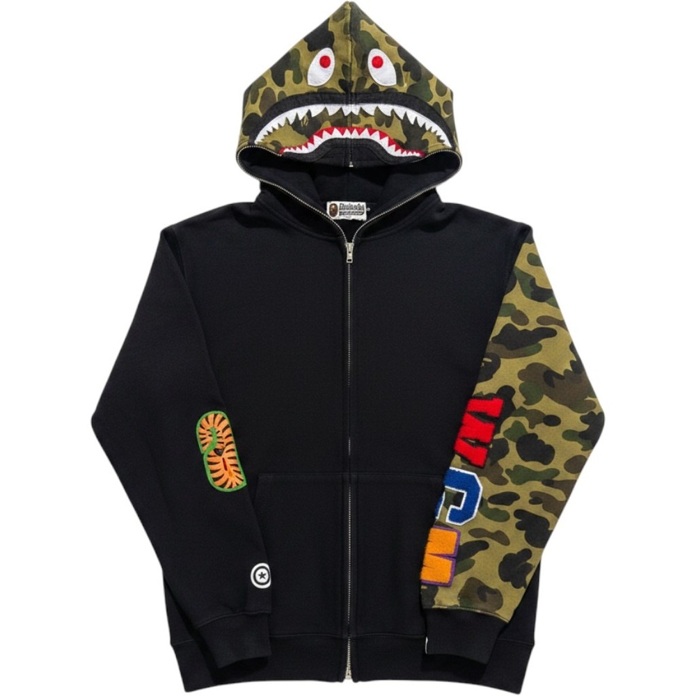 A Bathing Ape (BAPE) Black Camo Sleeve Shark Zip Hoodie camo sleeve WGM patches